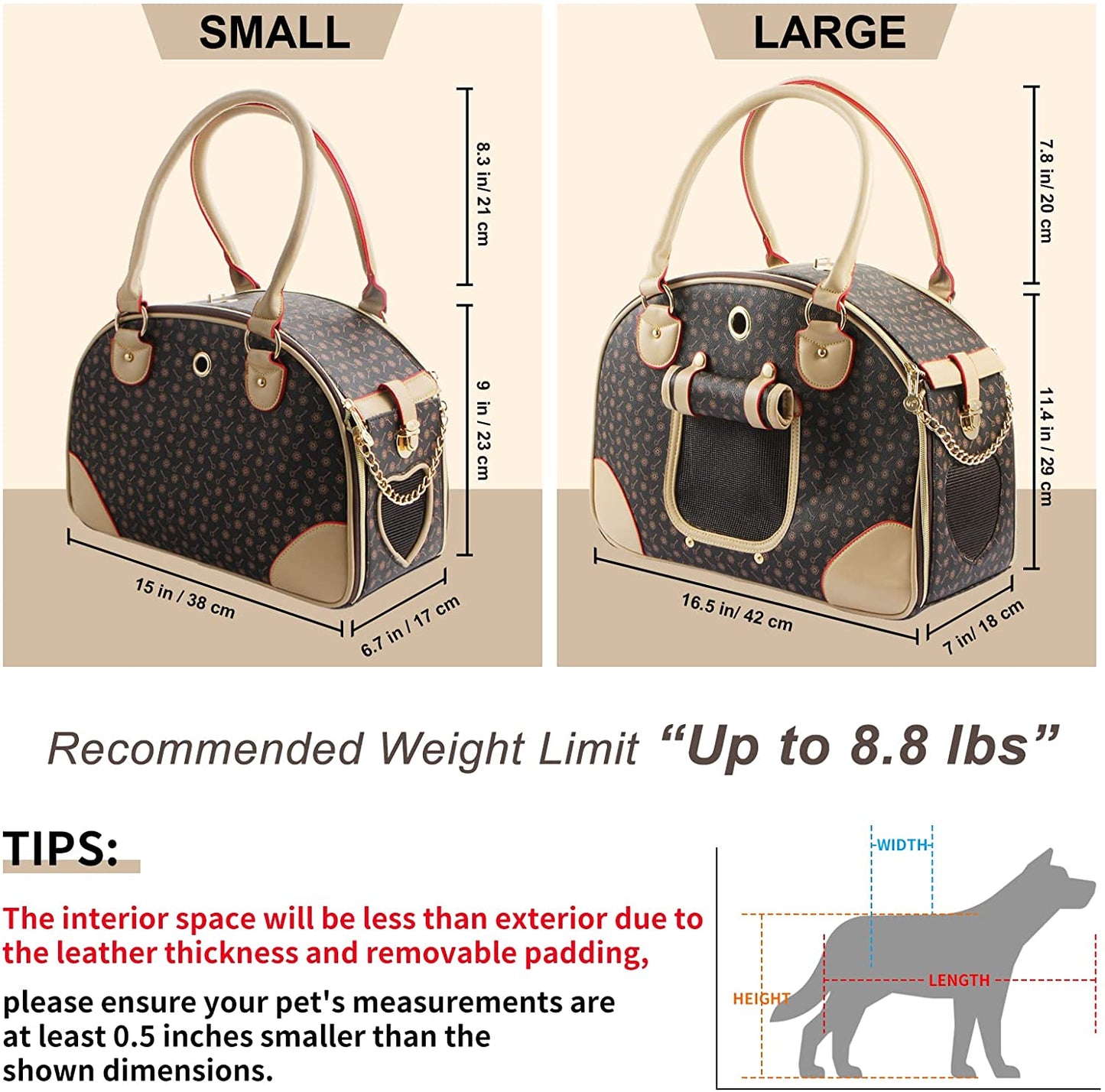 Fashion PU Leather Dog Carrier Handbag - Cat Tote Bag Pet Hiking Bag, Brown, Large 42 * 29 * 18Cm