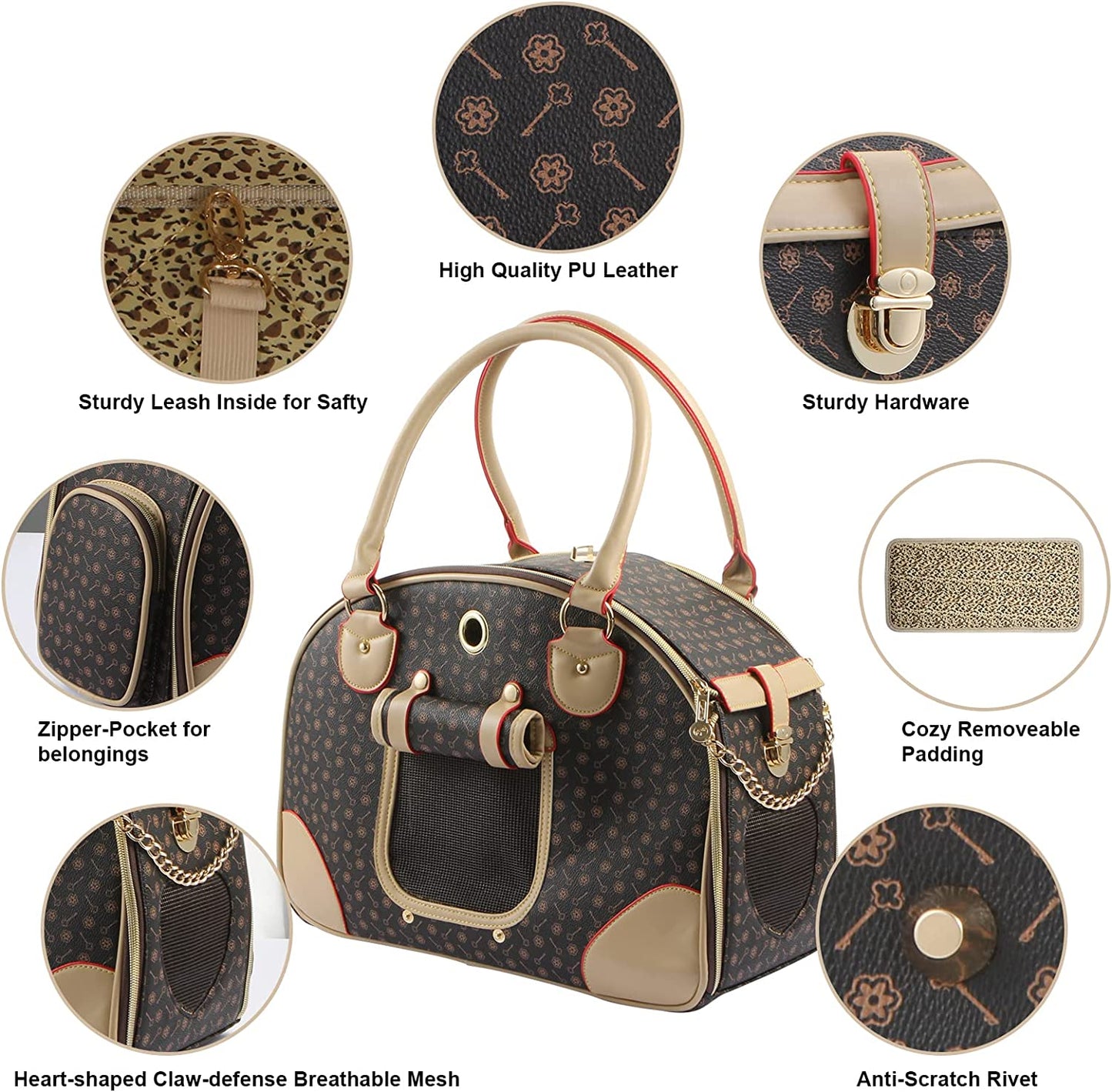 Fashion PU Leather Dog Carrier Handbag - Cat Tote Bag Pet Hiking Bag, Brown, Large 42 * 29 * 18Cm
