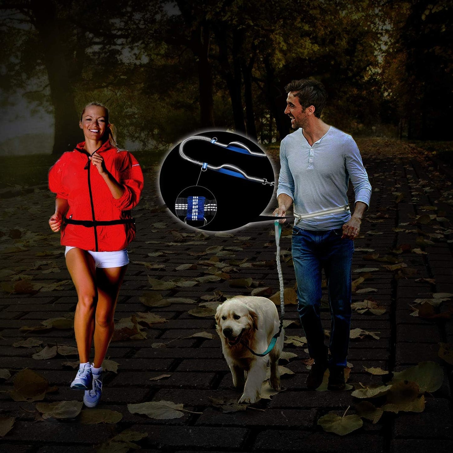 Hands Free Dog Leash for Running, Walking, Hiking Jogging for Medium & Large Dogs up to 150Lbs, Durable Dual Handle Waist Leash with Reflective Bungee and Adjustable Waist (Red)