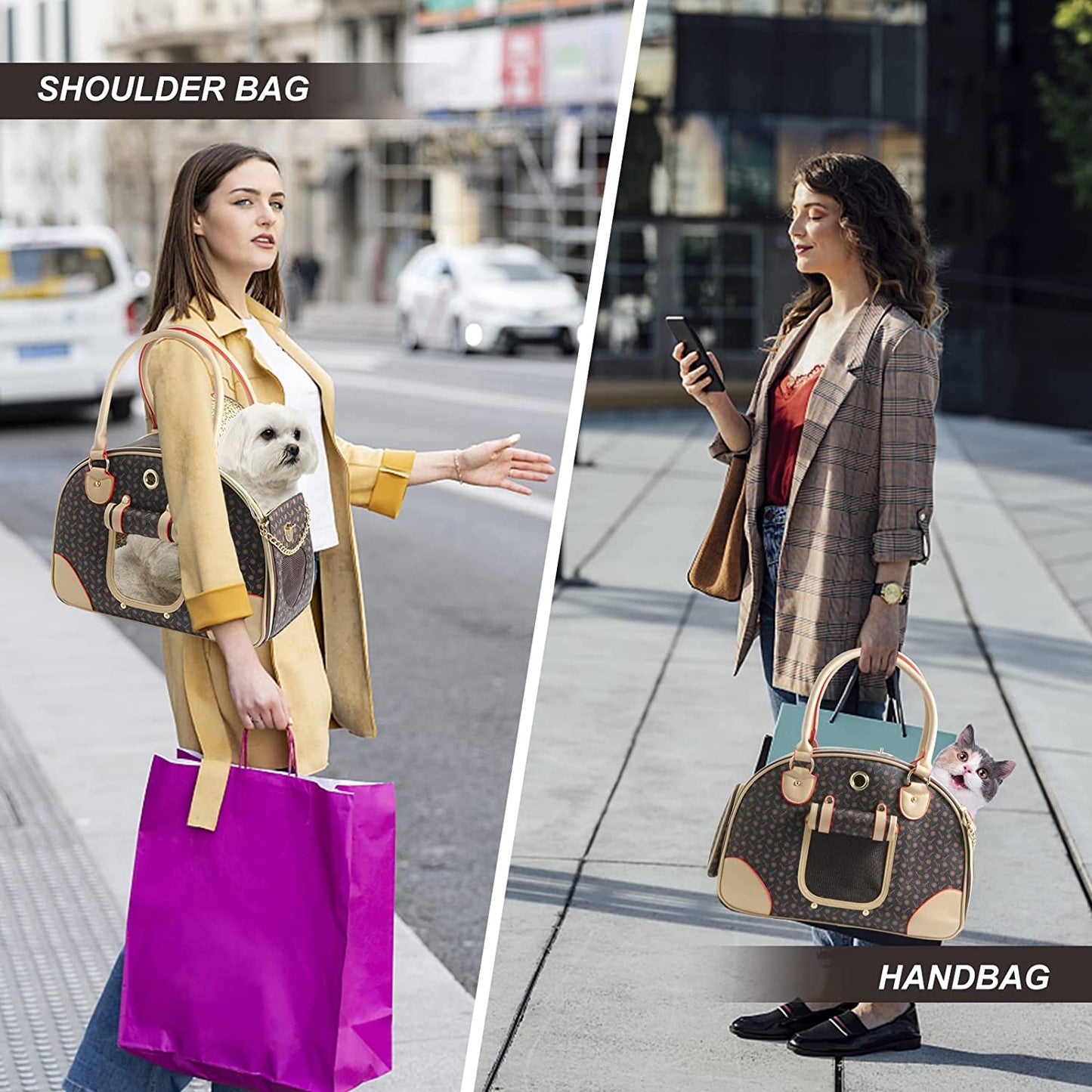 Fashion PU Leather Dog Carrier Handbag - Cat Tote Bag Pet Hiking Bag, Brown, Large 42 * 29 * 18Cm
