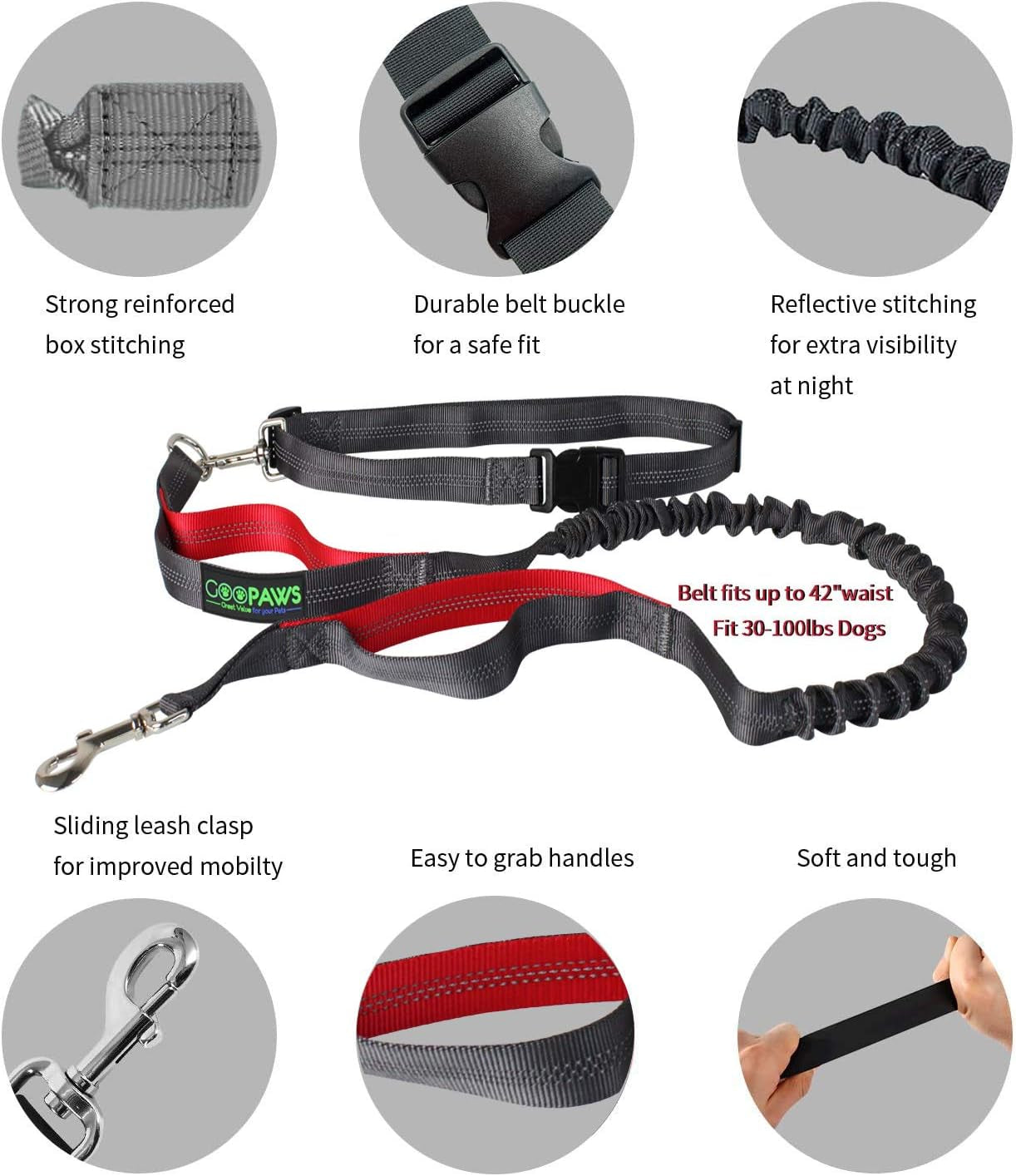 Hands Free Dog Leash for Running, Walking, Hiking Jogging for Medium & Large Dogs up to 150Lbs, Durable Dual Handle Waist Leash with Reflective Bungee and Adjustable Waist (Red)