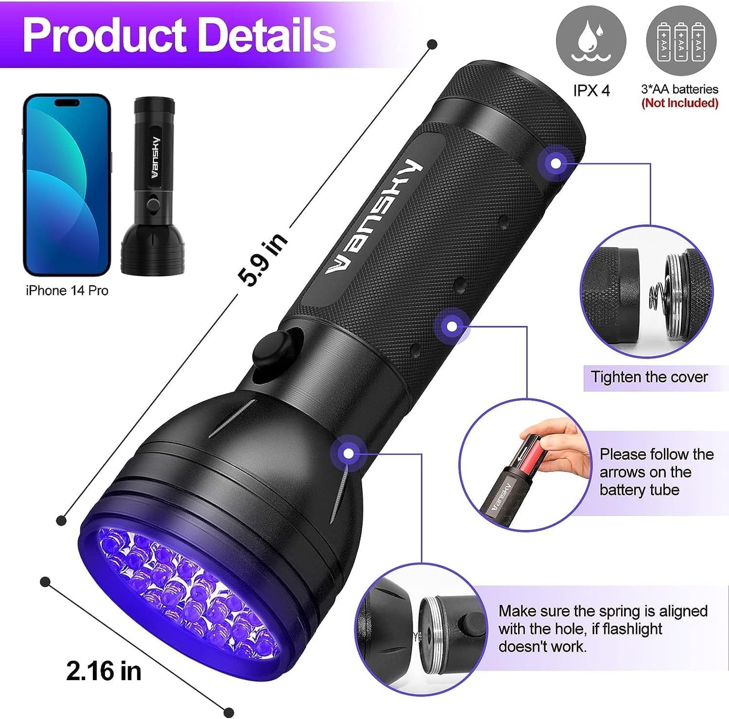 UV Flashlight Black Light UV Lights, 51 LED Ultraviolet Blacklight Pet Urine Detector for Dog Cat Urine,Dry Stains,Bed Bug, Matching with Pet Odor Eliminator