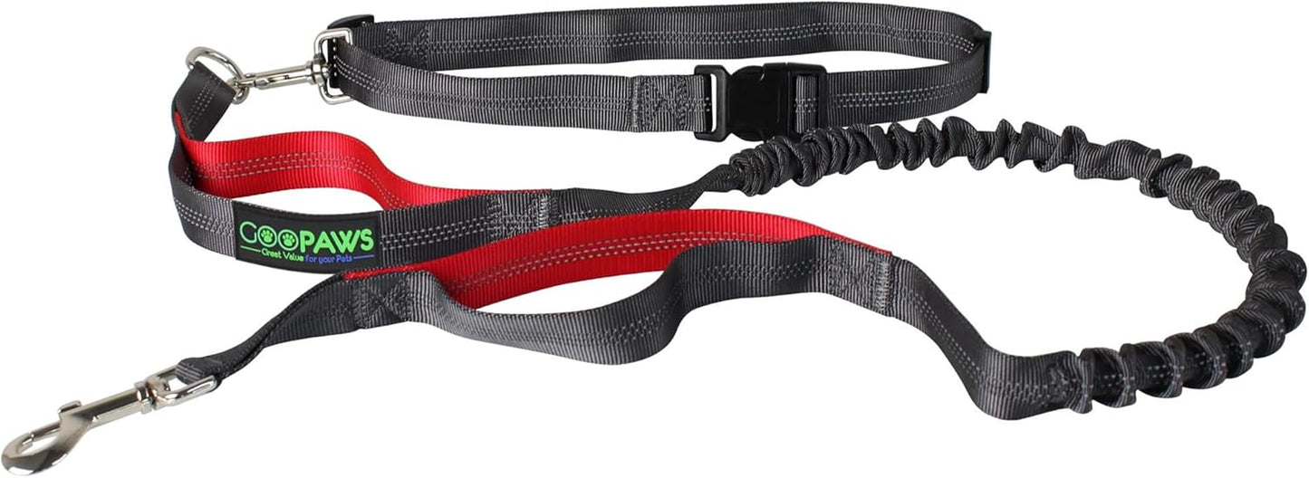 Hands Free Dog Leash for Running, Walking, Hiking Jogging for Medium & Large Dogs up to 150Lbs, Durable Dual Handle Waist Leash with Reflective Bungee and Adjustable Waist (Red)