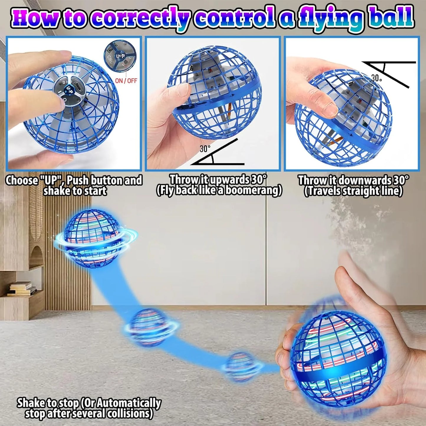 Flying Ball Toys, Hover Orb, Upgrade Flying Orb Mini Drone Floating Boomerang Ball 360°Rotating LED Light Fly Spinner Cool Toys Magic Toy Safe for Kids Teen Adults Indoor Outdoor Flying Mini Drone