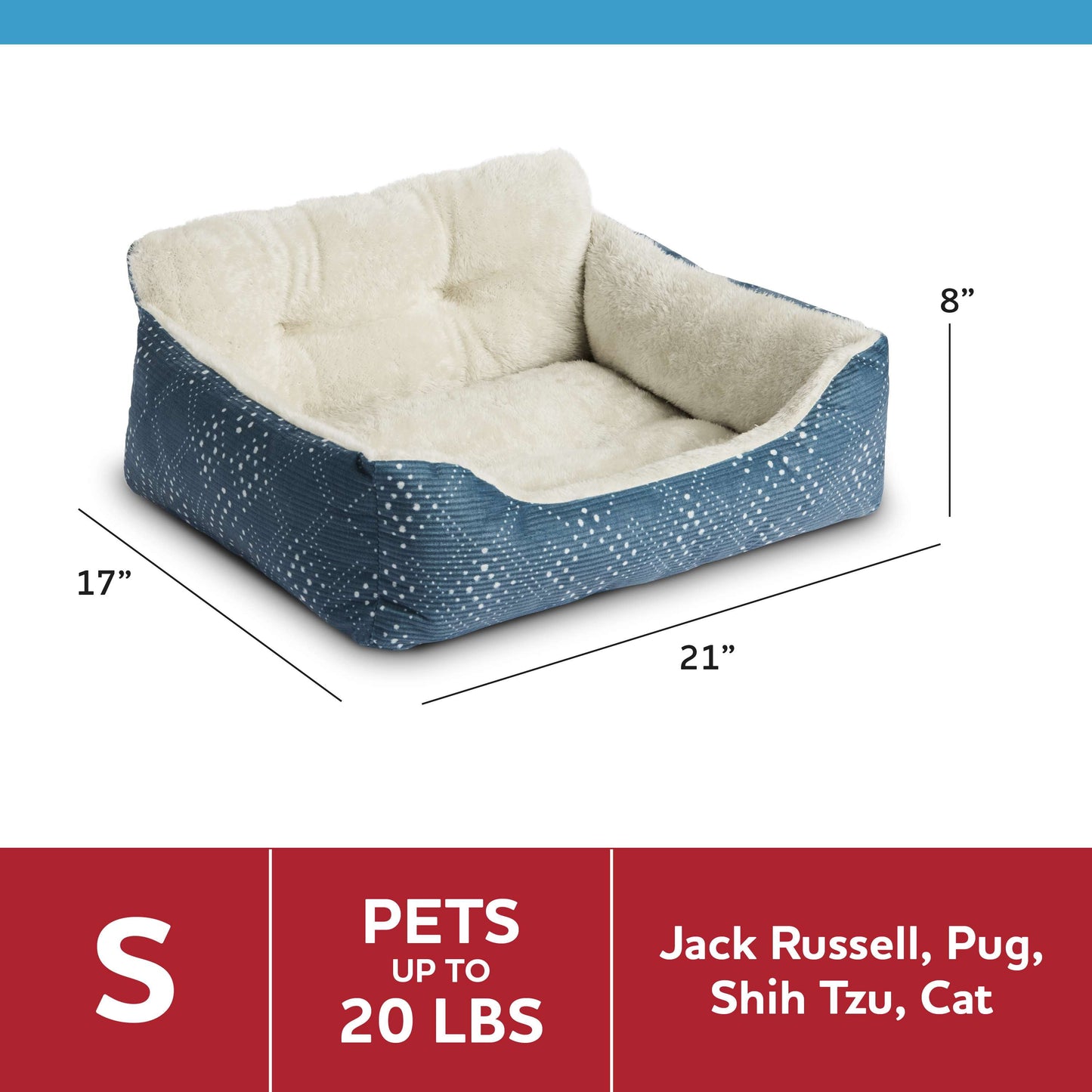 Lounger Small Dog and Cat Pet Bed, Blue 21" X 17"
