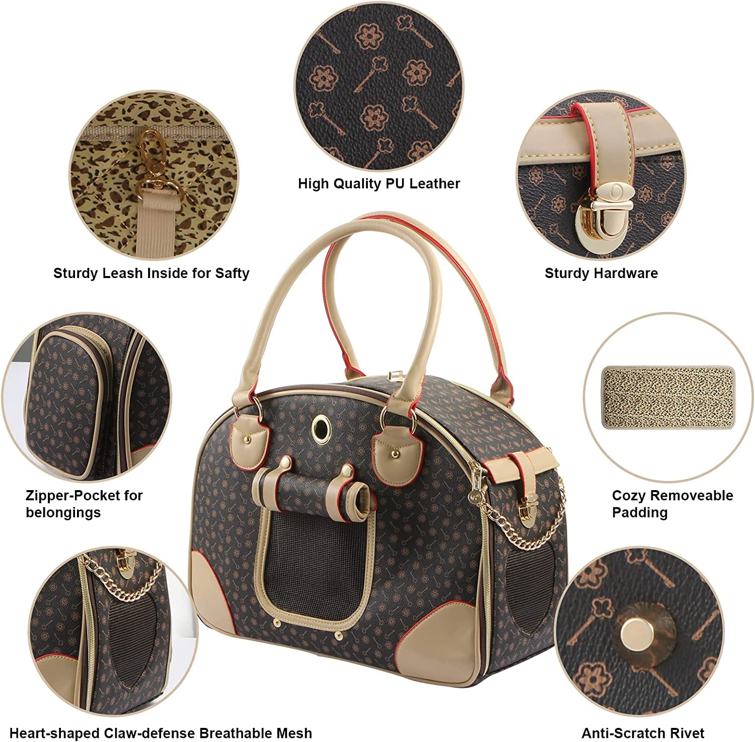 Fashion PU Leather Dog Carrier Handbag - Cat Tote Bag Pet Hiking Bag, Brown, Large 42 * 29 * 18Cm