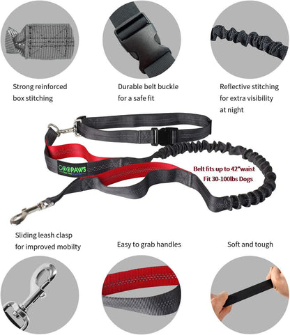 Hands Free Dog Leash for Running, Walking, Hiking Jogging for Medium & Large Dogs up to 150Lbs, Durable Dual Handle Waist Leash with Reflective Bungee and Adjustable Waist (Red)