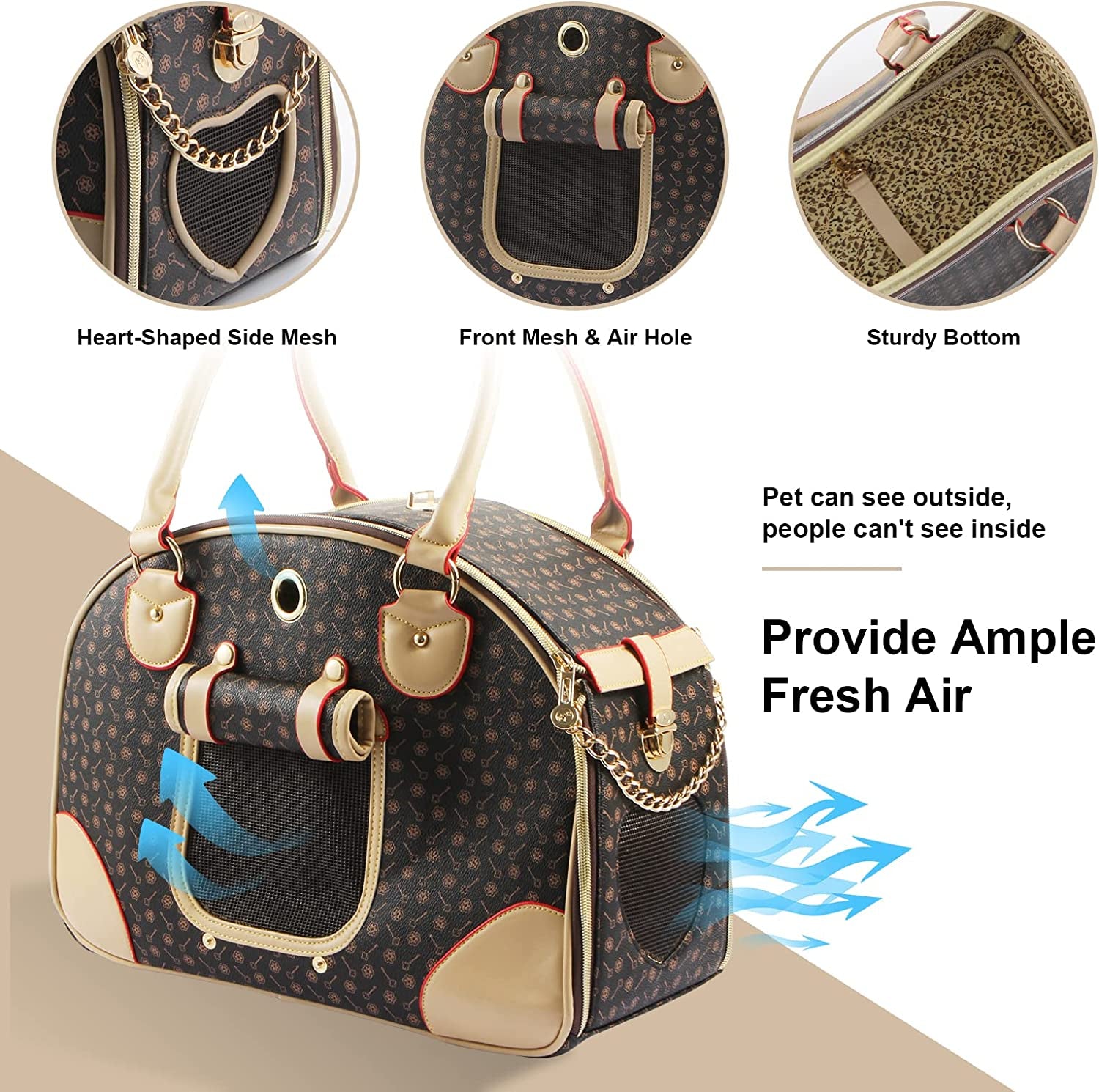 Fashion PU Leather Dog Carrier Handbag - Cat Tote Bag Pet Hiking Bag, Brown, Large 42 * 29 * 18Cm