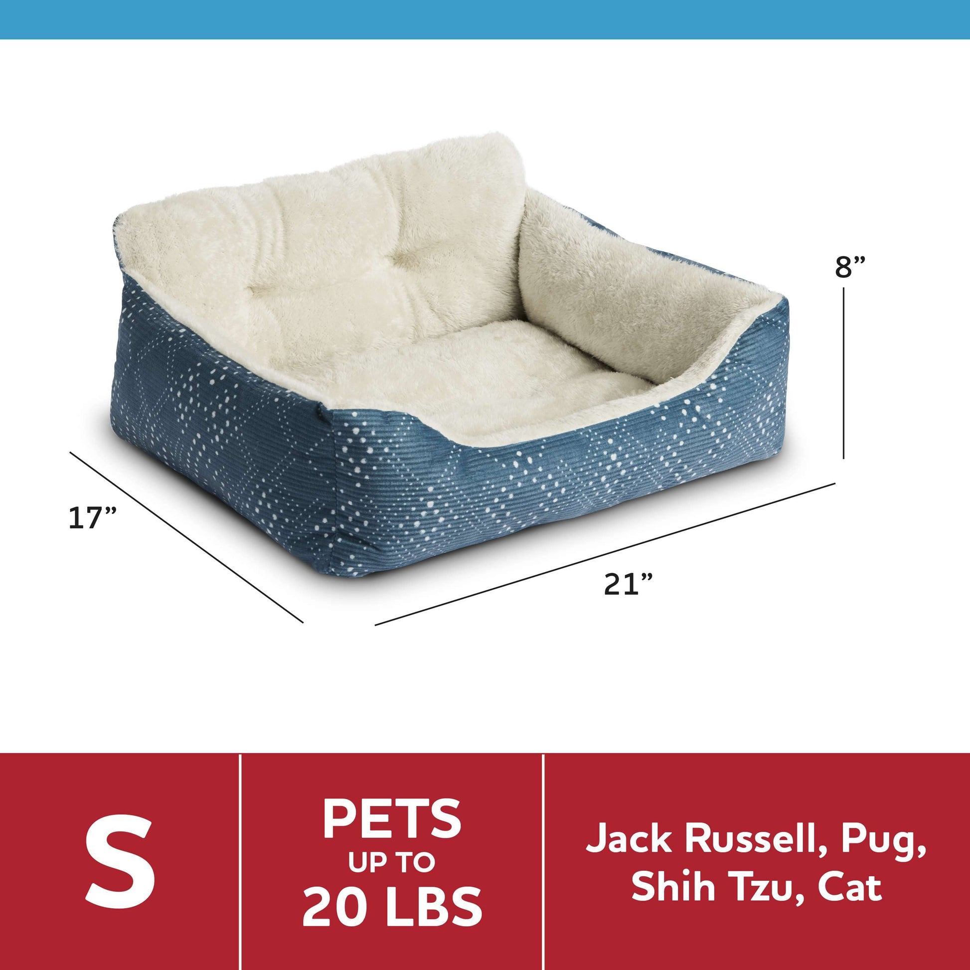Lounger Small Dog and Cat Pet Bed, Blue 21" X 17"